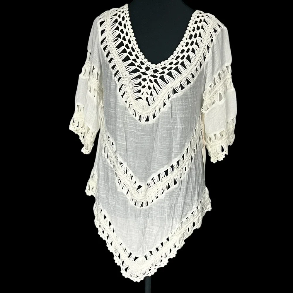 Ivory Crochet‎ Lace Tunic NWT Size S V Neck Boho Beach Cover Up Sharkbite Hem